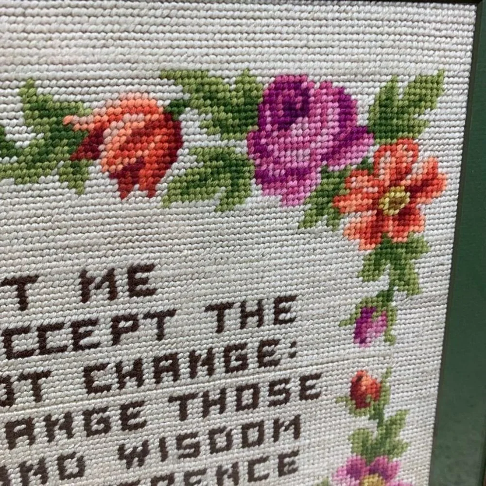 Large Finished Needlepoint Serenity Prayer Floral Framed Wall Hanging Recovery‎